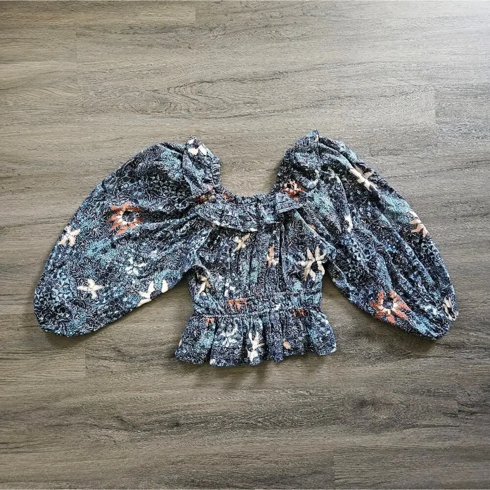 Ulla Johnson Navy Azul Asmara Blouse Floral Bubble Sleeve Blouse Size 6